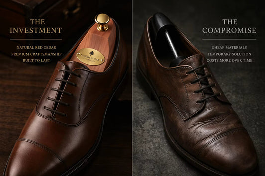 Banner: The contrast between cedar and plastic shoe trees