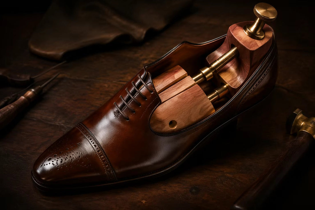 Banner: Professional shoe stretcher in a leather shoe